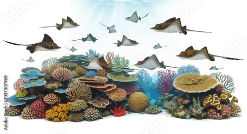 Photography A vibrant coral reef teeming with diverse marine life, including a school of sti