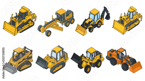 Billede på lærred Collection of isometric construction vehicles on a black background
