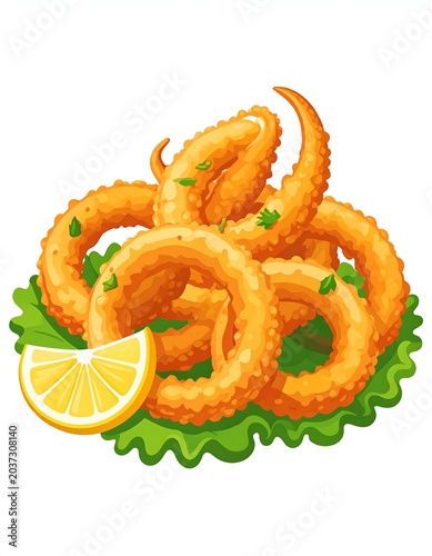 A plate of crispy fried calamari with lettuce and lemon