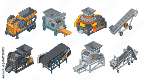 Fotografía Set of isometric industrial crushing and conveyor machines on white background