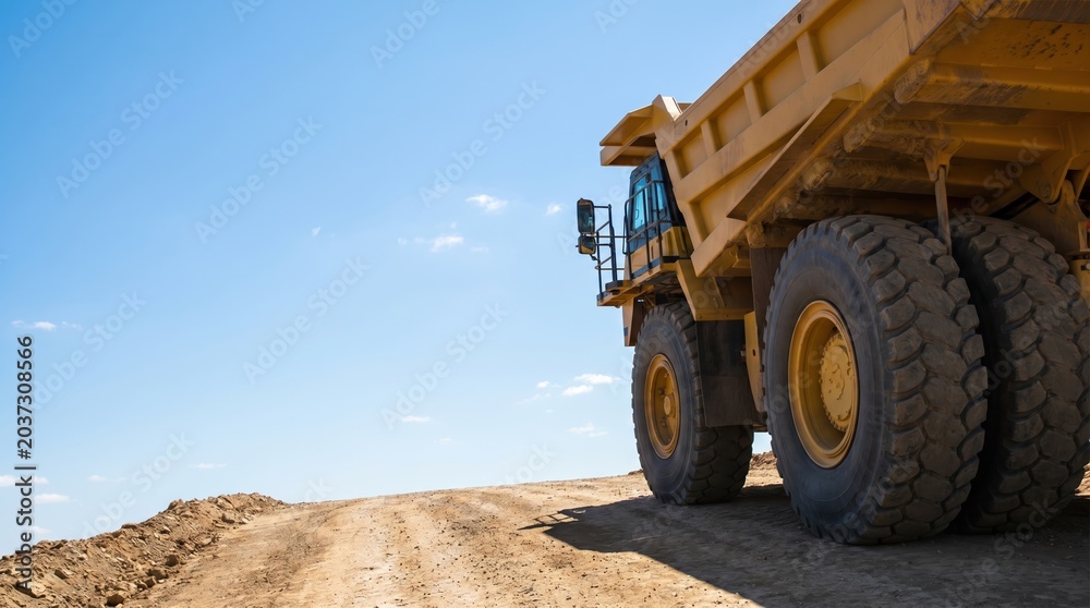 Fototapeta premium Heavy duty mining dump truck parked on surface haul road, construction site logistics transport