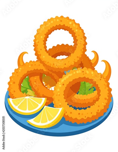 A plate of crispy fried squid rings with lemon slices