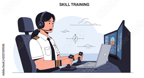 Pilot training simulation with modern cockpit displays and joystick controls.