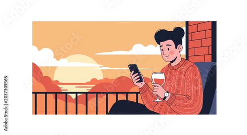 Person enjoying sunset on balcony with wine and phone illustration