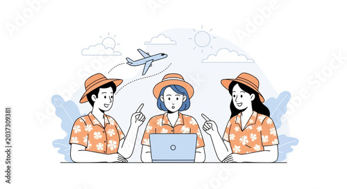 People planning travel and vacation with laptop and airplane illustration