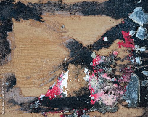 Gritty Abstract Mixed Media - Wood Grain, Black Paint, Red Splashes, Silver Accents