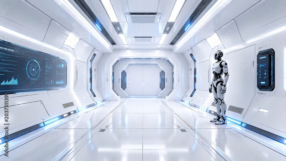 Obraz premium Advanced Humanoid Robot Standing in Futuristic Laboratory Corridor