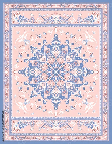 A rectangular rug with intricate blue and pink floral patterns