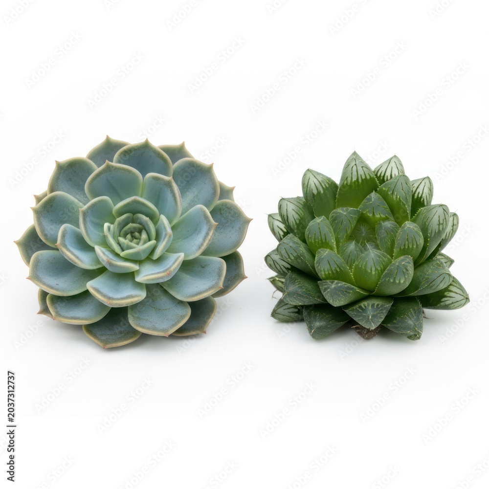 Obraz premium Two Succulent Plants Echeveria and Haworthia Isolated on White Background.