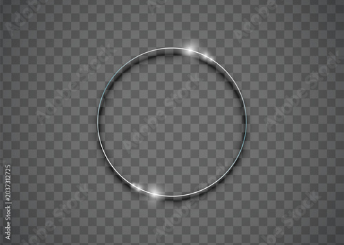 Silver metallic circular ring frame with glowing light effects and metallic transparent abstract