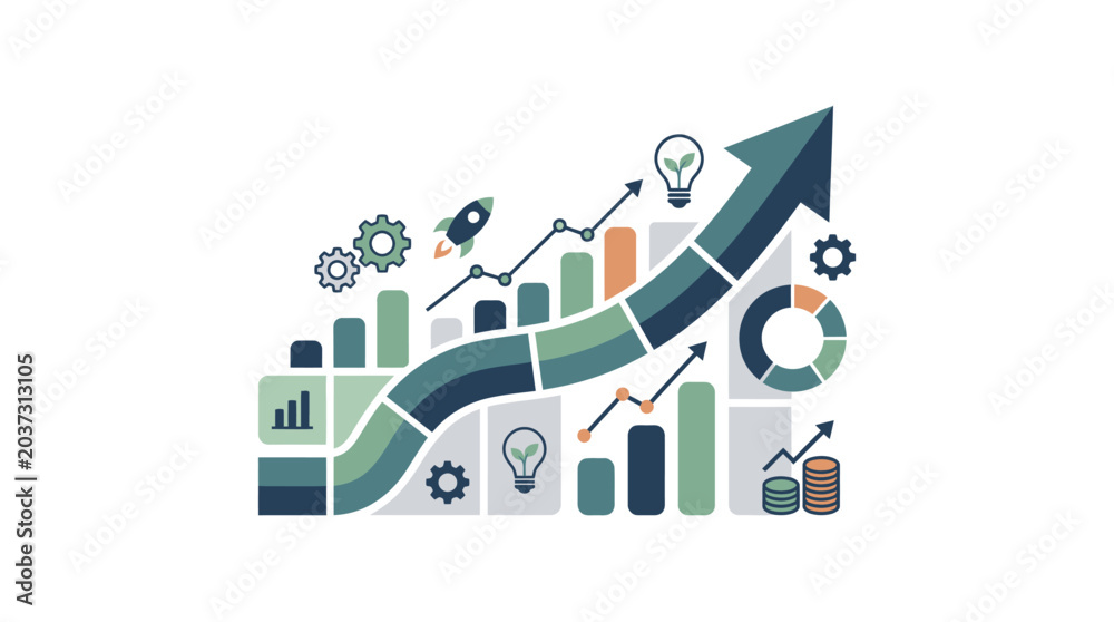 Fototapeta premium Visual representation of business growth and development with a rising arrow, graphs, and icons signifying innovation and progress