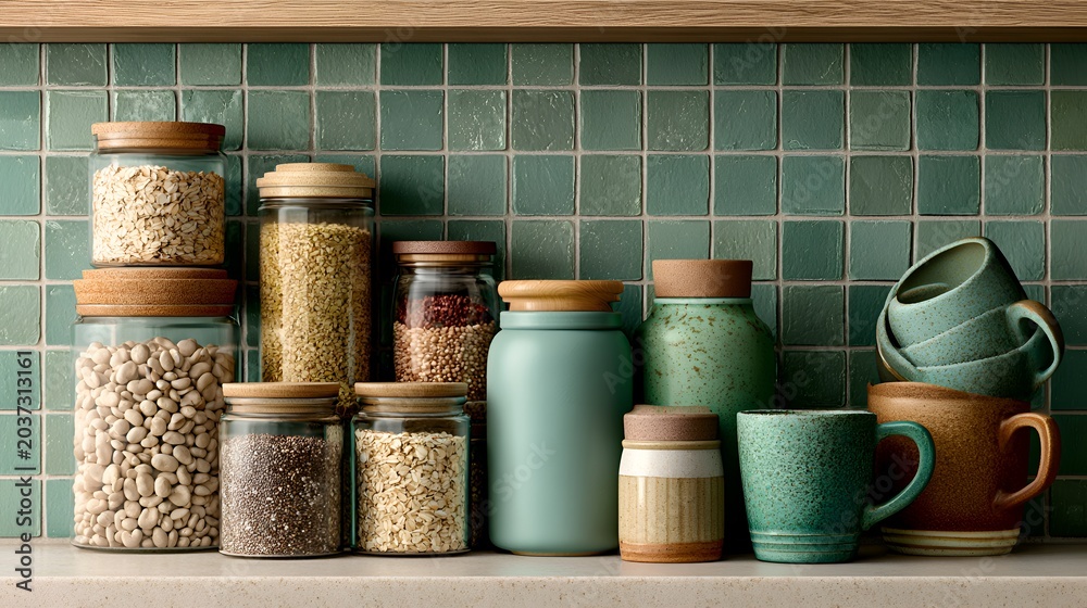 Fototapeta premium Assorted jars and mugs arranged on a kitchen counter in front of teal tile backsplash, showcasing a rustic and organized aesthetic style.