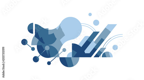Abstract blue geometric shapes and lines forming a dynamic composition with circular elements and connections