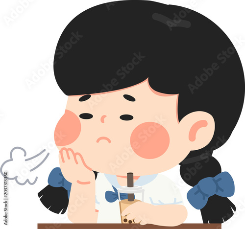 Hand-drawn vector illustration of a bored girl holding a drink, representing fatigue, boredom, laziness, and low energy. Ideal for lifestyle, school, wellness, and emotional expression themes.