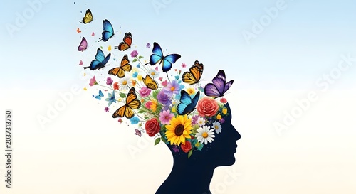 Mental Health Concept with Silhouette Flowers and Butterflies