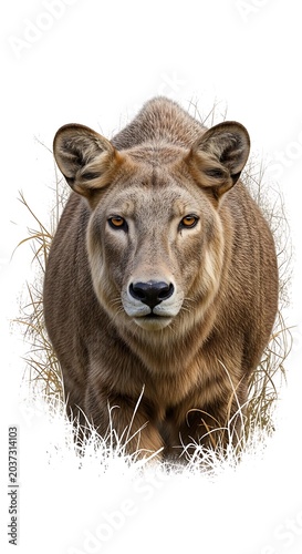 A beautiful portrait of a young wildlife safari lion cub looking up with curious eyes, showing the fierce face of a big cat predator in nature