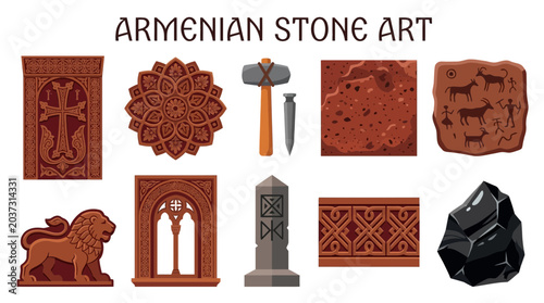 Tableau sur toile Collection of Armenian Stone Art Elements and Tools.