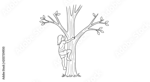 Illustration of person hugging large tree affectionately outdoors.