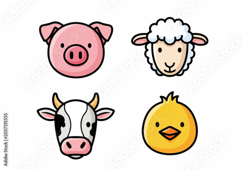 Farm animal head icons with pig sheep cow and chick characters