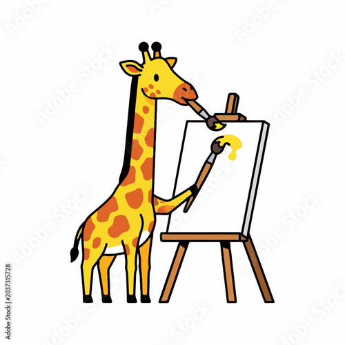Artist giraffe painting on a white canvas with brushes