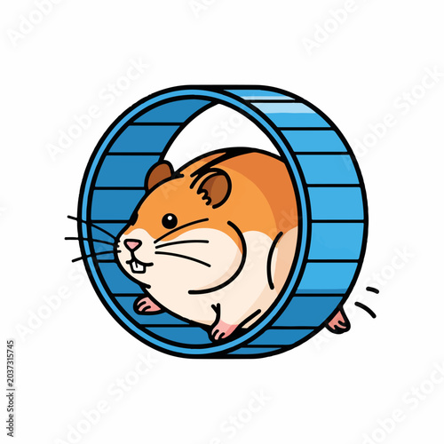 Cute hamster running in a blue exercise wheel with pop art style