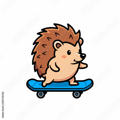 Cute cartoon hedgehog riding a blue skateboard