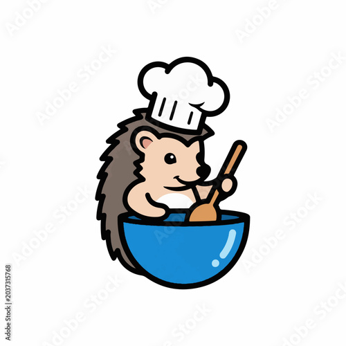 Cute hedgehog chef wearing a toque stirring a bowl