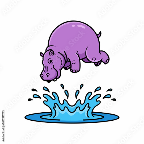 Purple hippopotamus jumping into water with a big splash