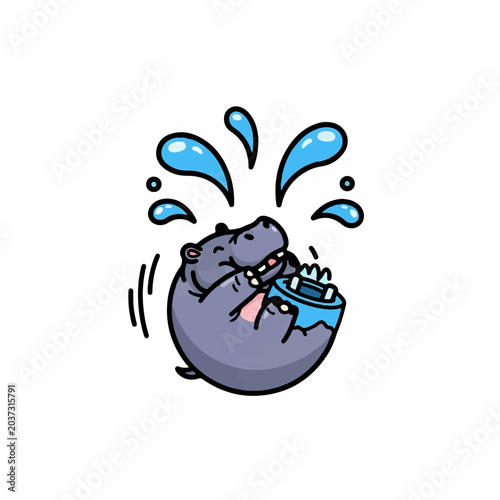 Playful cartoon hippopotamus splashing water on white background
