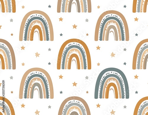 A repeating pattern of colorful rainbows and stars on white