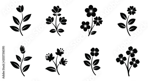 Black floral icons set