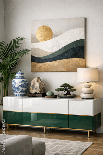 Colorful artwork and cabinet in a contemporary living space.