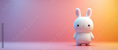Adorable white bunny figurine with big ears, standing on a glossy surface against soft pastel gradient background. Perfect for children’s products, branding, or seasonal campaigns.