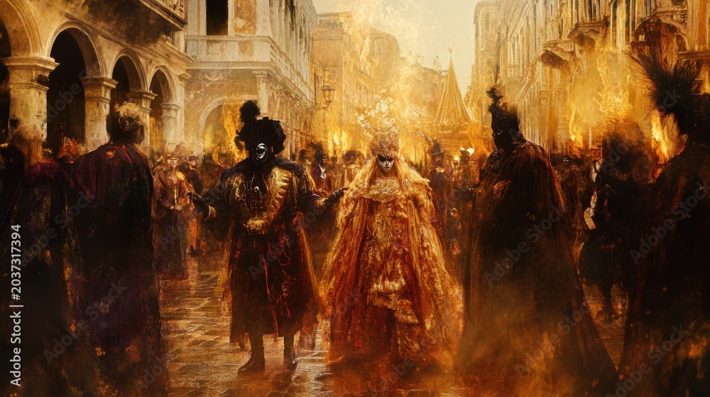 Fototapeta premium Golden Crowd in ancient street burning