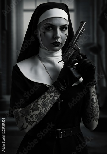 Tattooed Nun Holding Revolver, Gothic Style, Black and White Portrait