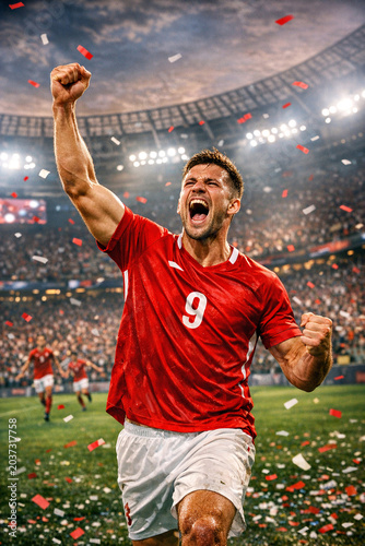 A male soccer player in a red jersey is celebrating with a victory fist pump and smile as he runs across the field. He's holding his arm high in triumph while surrounded by confetti.