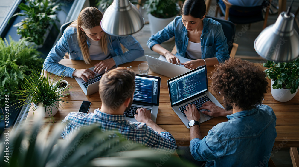 Naklejka premium A AI startup team viewed from above develops softly bright software in a calm modern office analyzing system performance during QA testing in soft daylight startup