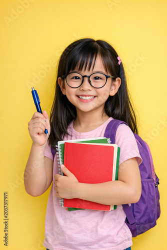 Girl holding book and pen, happy expression. School-themed background.