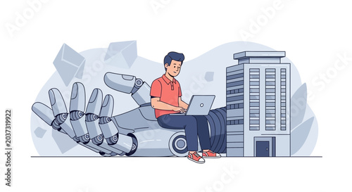 Man working on laptop on robotic arm near office building, AI concept