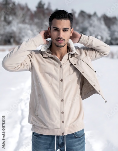 A man in beige jacket posing in snowy landscape