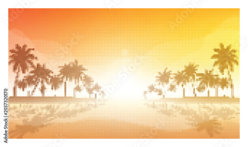 Tropical palm trees at sunset beach background with glowing orange pixelated halftone sun.