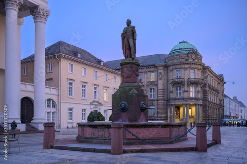 Karlsruhe Market Square Fountain And Historic Architecture At Dusk, European Cityscape With Neoclassical Buildings