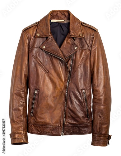 A brown leather jacket with a collar and zipper