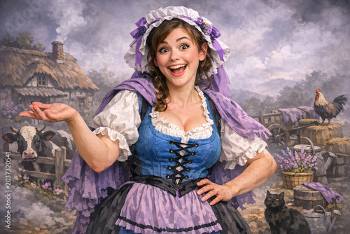 A young girl dressed in period clothing from the past, posing with confidence and joy.