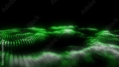 Dynamic green wave of particles and lines. Abstract futuristic background. Big data visualization. 3D rendering.