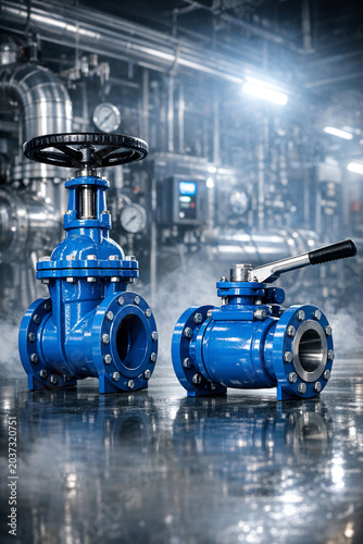 Two bright blue industrial pipes with metal fittings sitting on a platform.