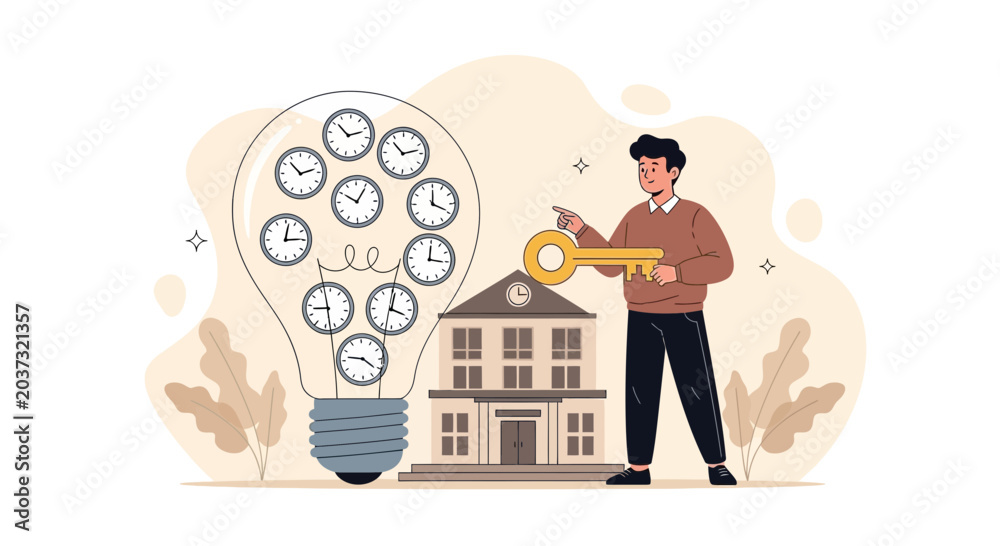 Obraz premium Man Holds Key to Lightbulb Full of Time Symbols, Education Concept