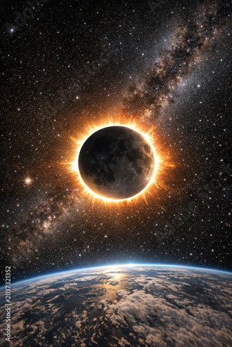 An artistic rendering of a solar eclipse with a planet in the foreground. The image is set against a cosmic background, conveying an otherworldly scenario.
