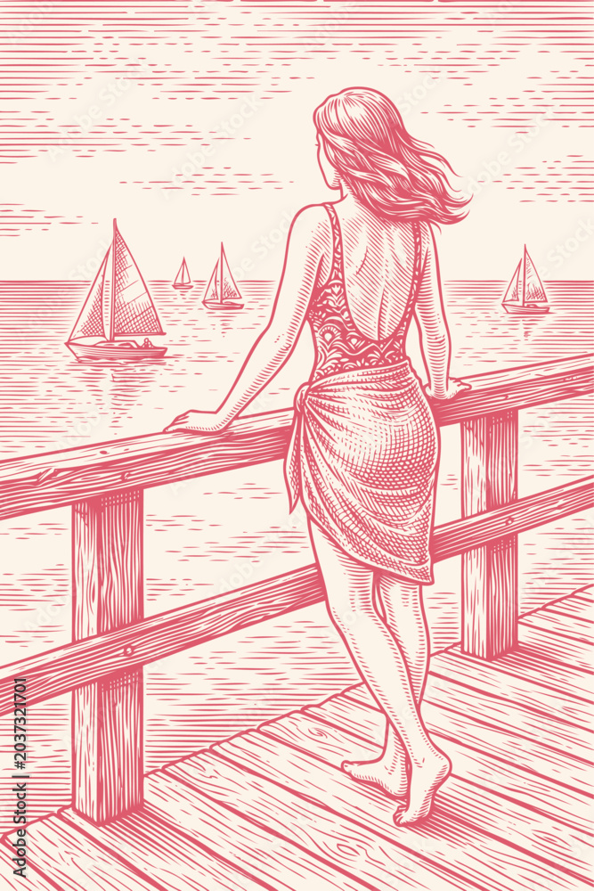 Obraz premium Young woman standing on a wooden pier and looking at sailing boats on the sea, romantic summer coast scene in vintage engraved vector style