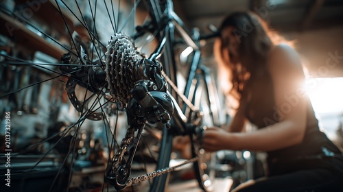 Professional bicycle mechanic woman repairing a mountain bike in a workshop.